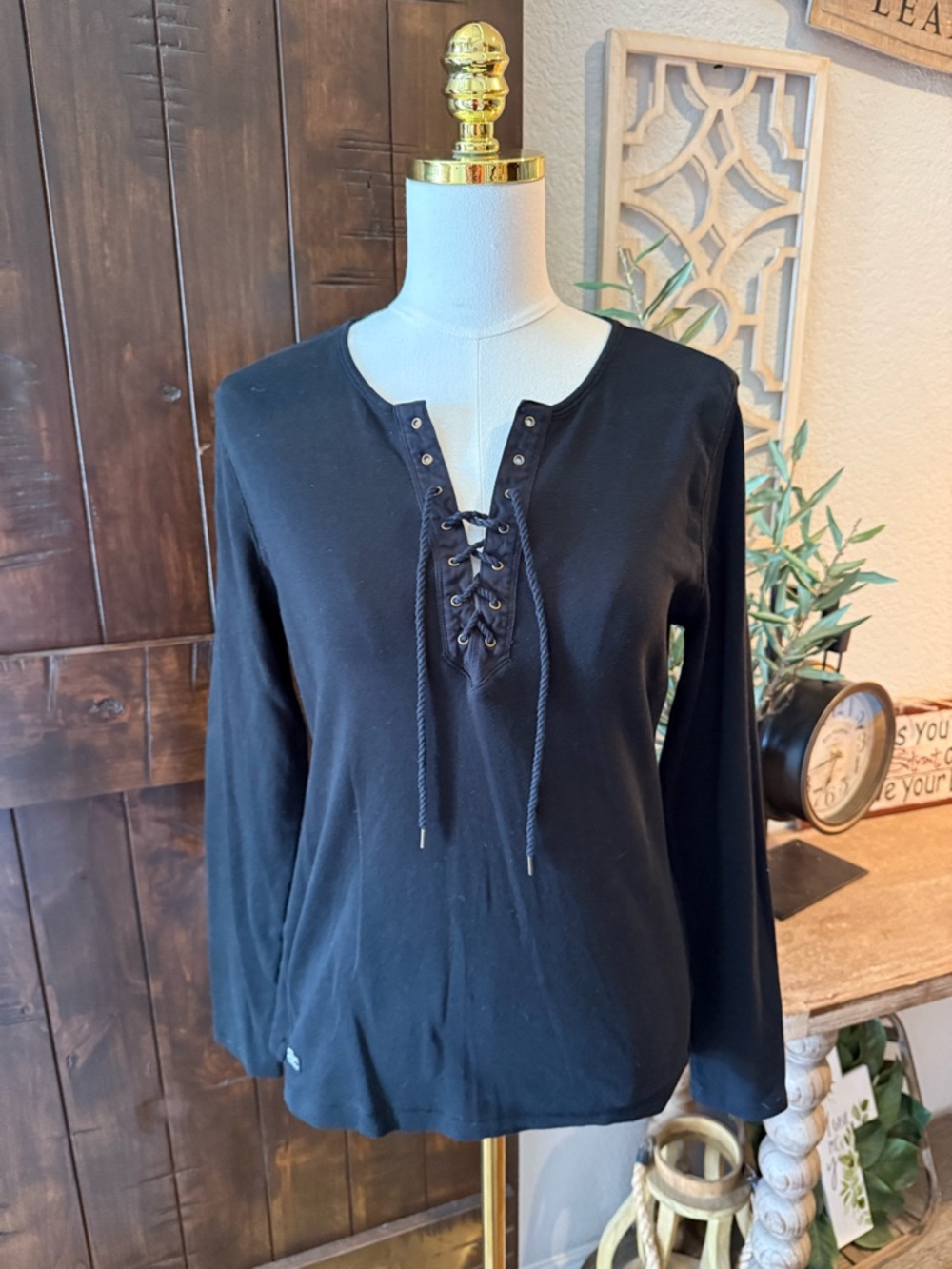 Ralph Lauren Black Lace-Up Long Sleeve Tee